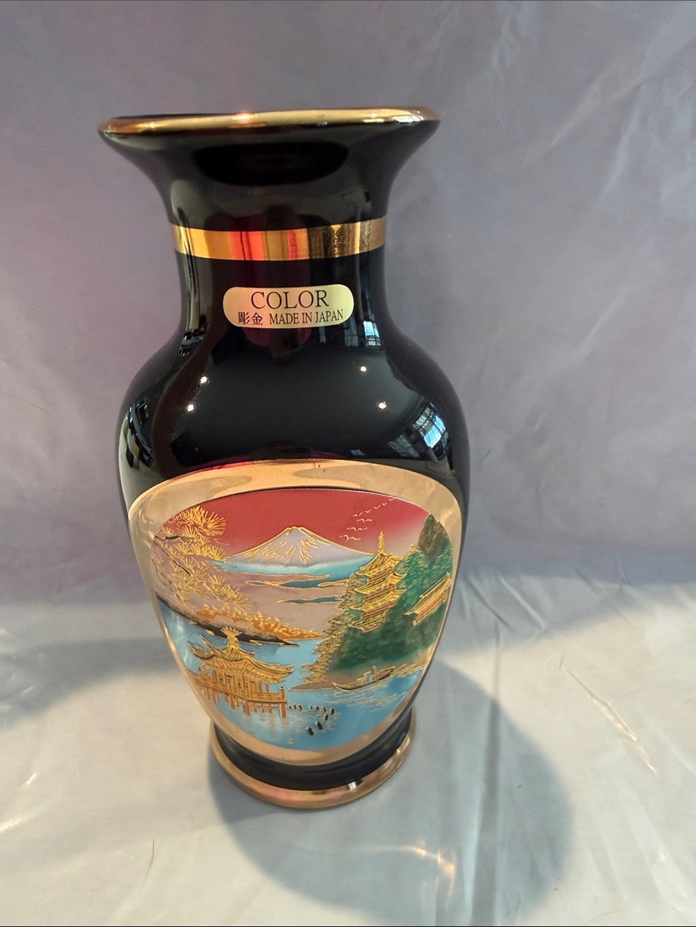 Chokin Vase made in Japan Black and Gold Scenic Porcelain Vase